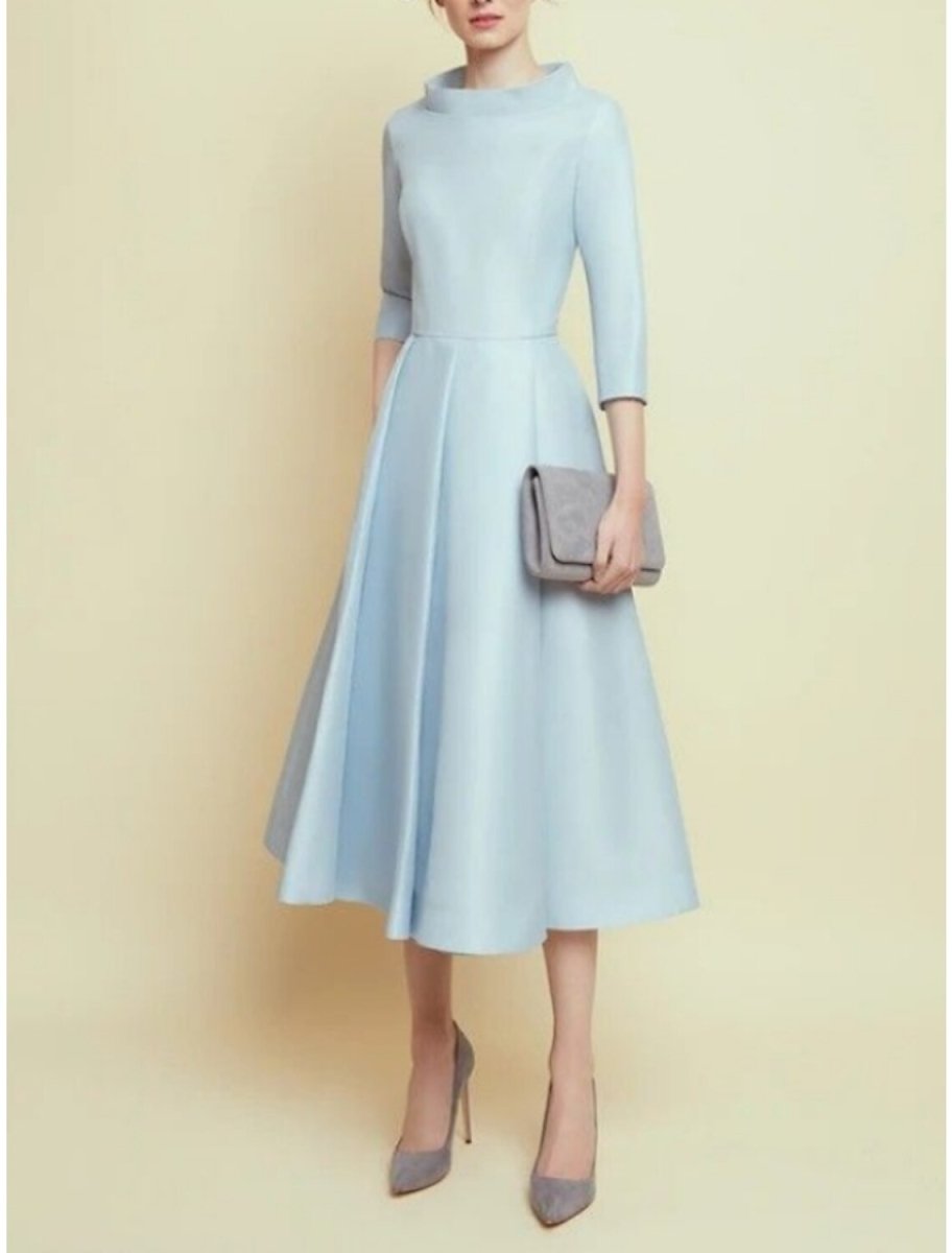 NumberSea - A - Line Mother of the Bride Dress Wedding Guest Simple Elegant Bateau Neck Tea Length Satin 3/4 Length Sleeve with Pleats Solid Color