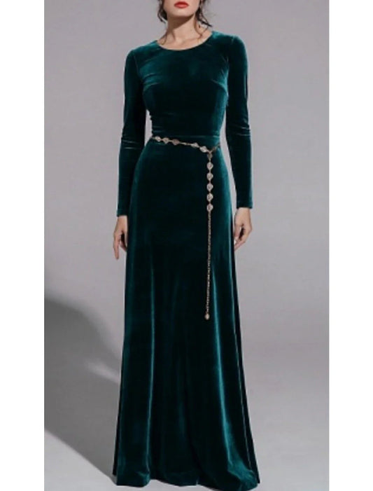 NumberSea - A - Line Mother of the Bride Dress Wedding Guest Simple Elegant Jewel Neck Floor Length Velvet Long Sleeve No with Sash / Ribbon Solid Color