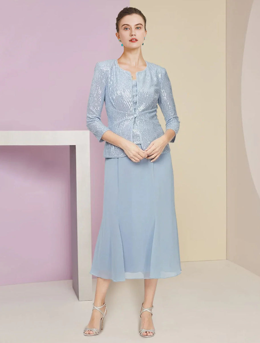 NumberSea - A - Line Mother of the Bride Dress Wedding Guest Sparkle & Shine Petite Scoop Neck Tea Length Chiffon Sequined 3/4 Length Sleeve with Pleats Sequin Solid Color