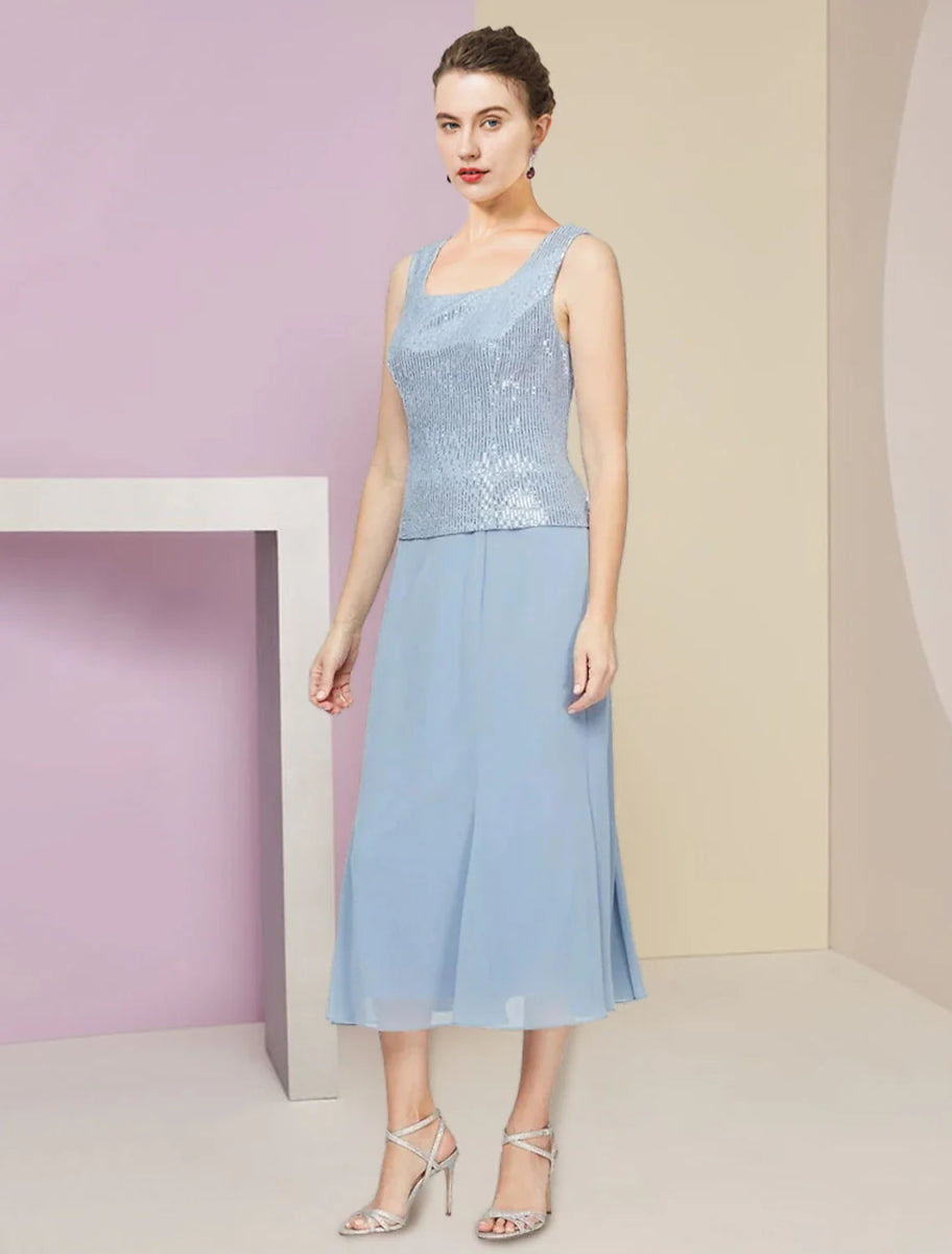 NumberSea - A - Line Mother of the Bride Dress Wedding Guest Sparkle & Shine Petite Scoop Neck Tea Length Chiffon Sequined 3/4 Length Sleeve with Pleats Sequin Solid Color