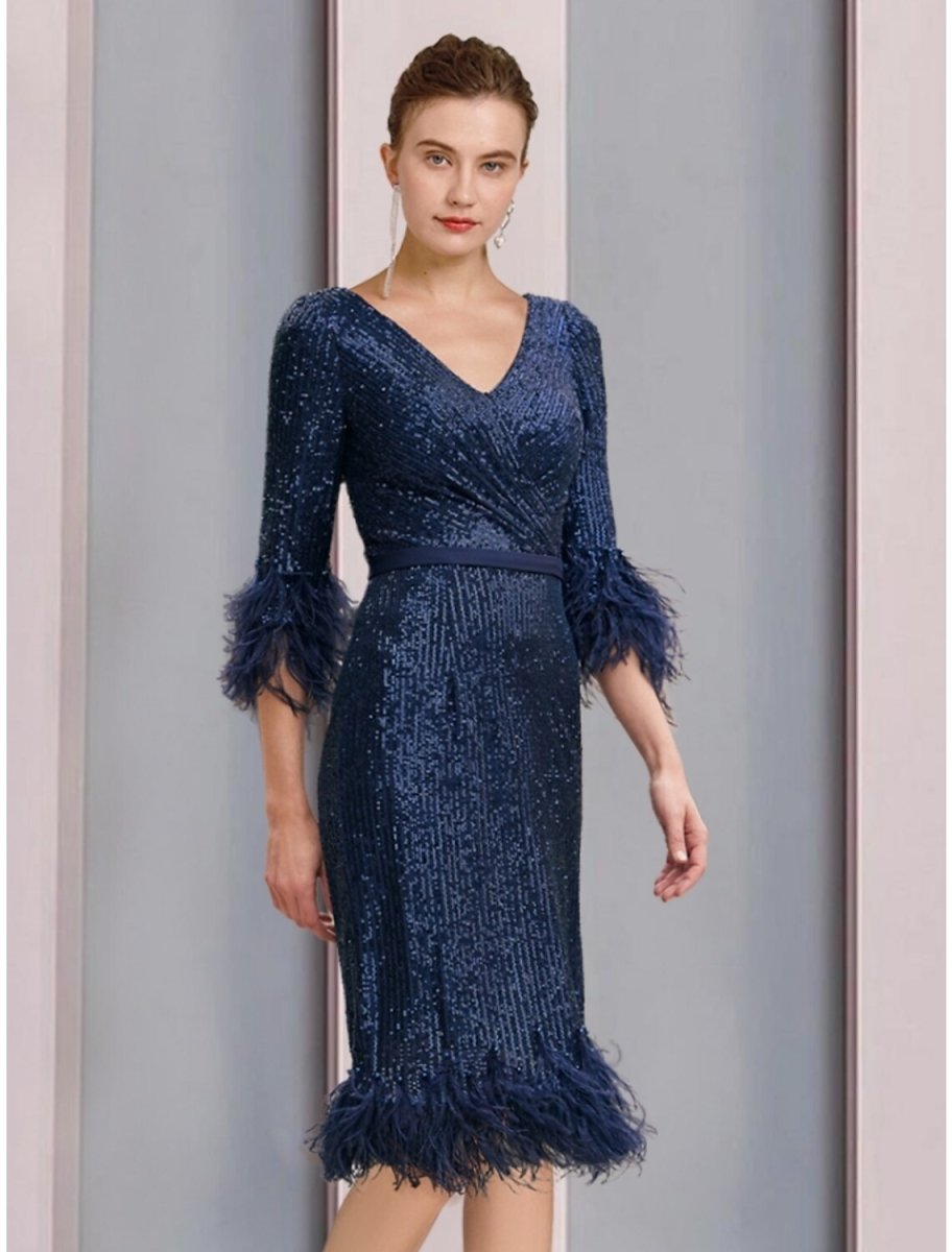 NumberSea - A - Line Mother of the Bride Dress Wedding Guest Sparkle & Shine Petite V Neck Knee Length Sequined Half Sleeve with Feather Ruching Solid Color