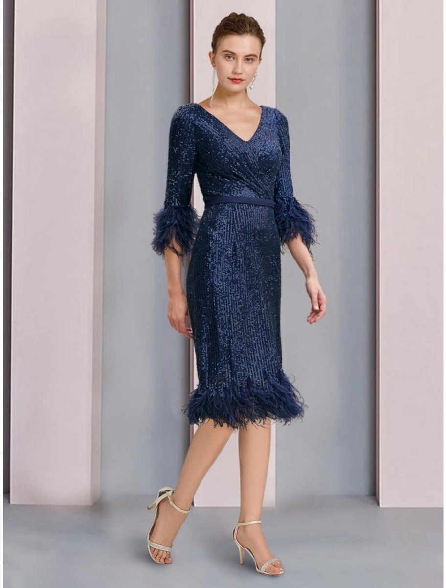 NumberSea - A - Line Mother of the Bride Dress Wedding Guest Sparkle & Shine Petite V Neck Knee Length Sequined Half Sleeve with Feather Ruching Solid Color