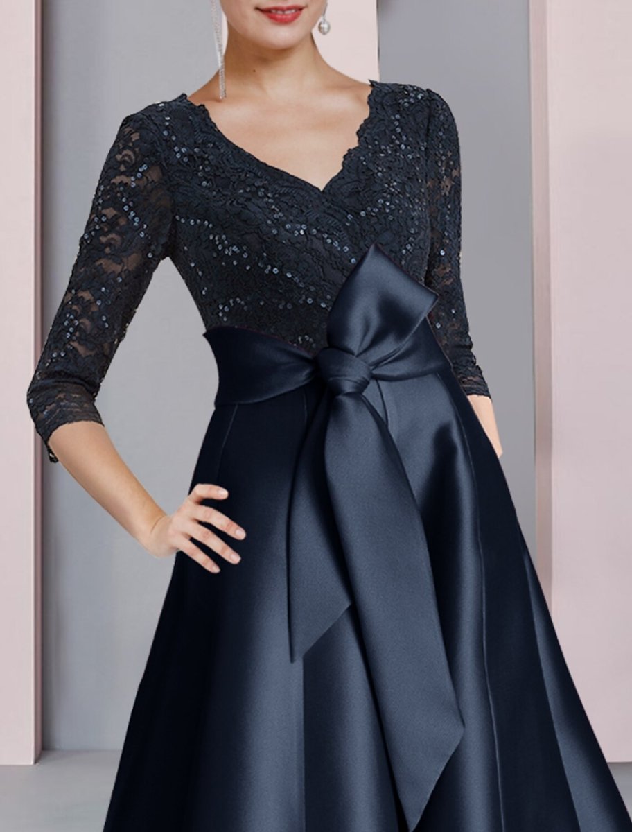 NumberSea - A - Line Mother of the Bride Dress Wedding Guest Vintage Elegant V Neck Tea Length Satin Lace 3/4 Length Sleeve with Bow(s) Pleats Sequin