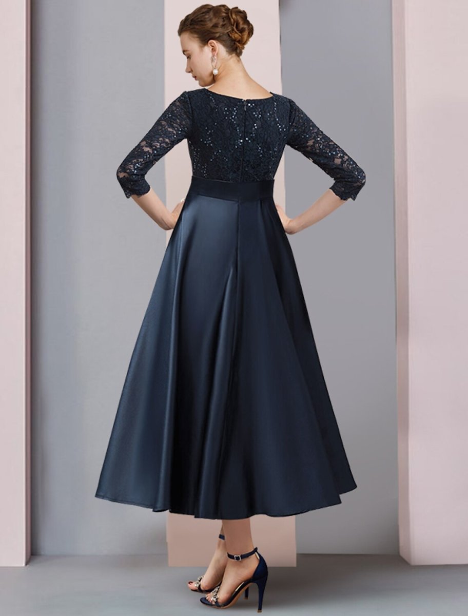 NumberSea - A - Line Mother of the Bride Dress Wedding Guest Vintage Elegant V Neck Tea Length Satin Lace 3/4 Length Sleeve with Bow(s) Pleats Sequin