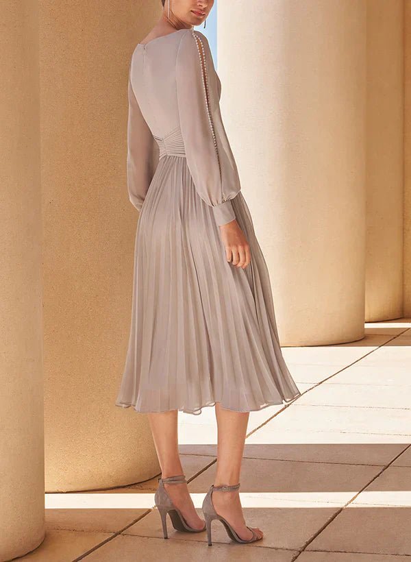 NumberSea - A - Line Mother Of The Bride Dresses V - Neck Long Sleeves Tea - Length Chiffon