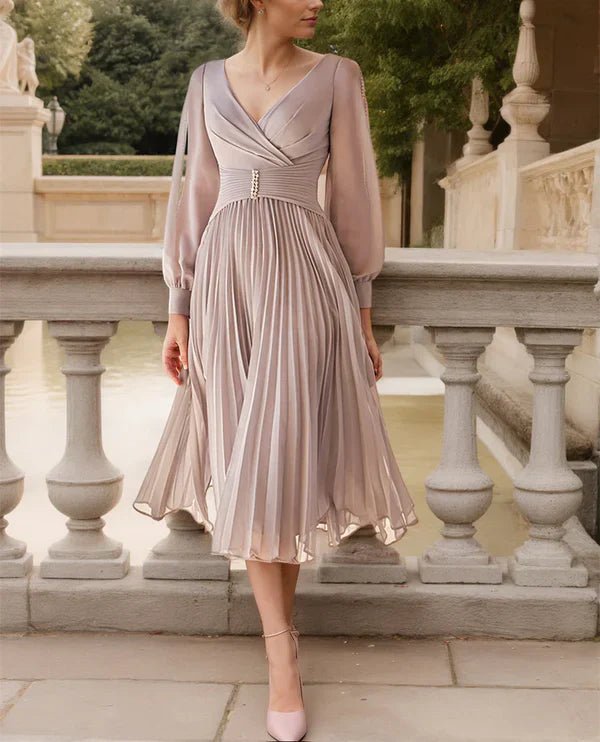 NumberSea - A - Line Mother Of The Bride Dresses V - Neck Long Sleeves Tea - Length Chiffon