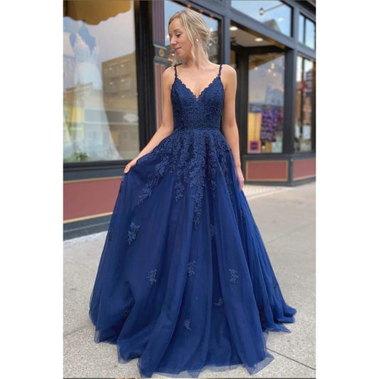 NumberSea - A - line Navy Blue Tulle Appliques Long Prom Dress Formal Evening Gowns