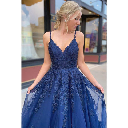 NumberSea - A - line Navy Blue Tulle Appliques Long Prom Dress Formal Evening Gowns