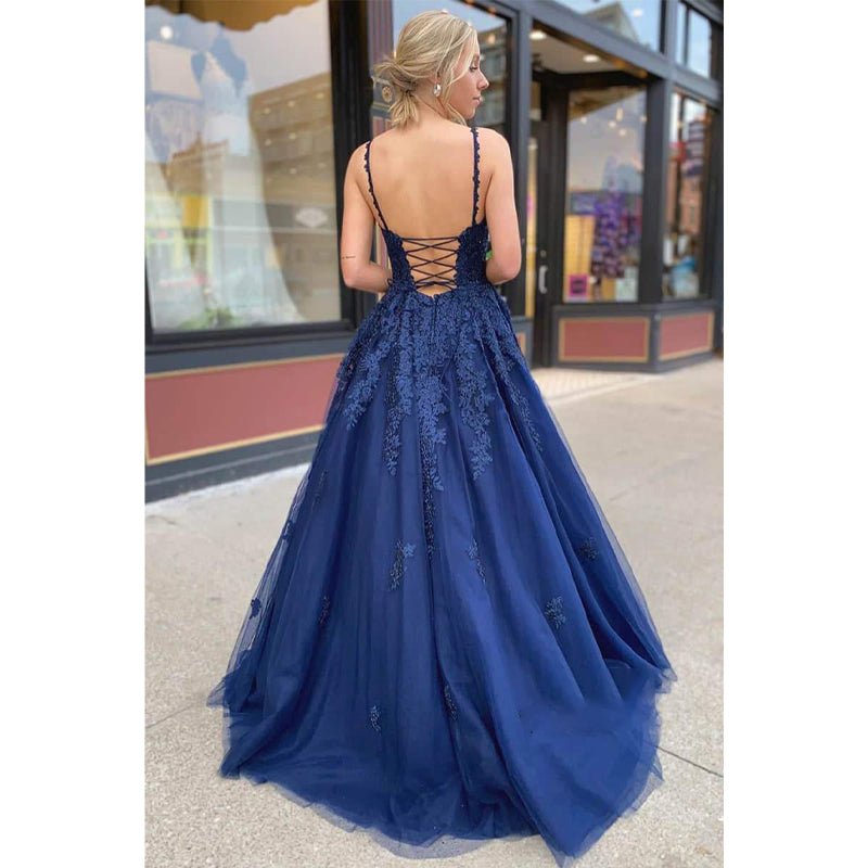 NumberSea - A - line Navy Blue Tulle Appliques Long Prom Dress Formal Evening Gowns