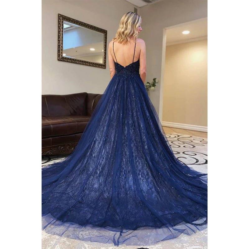 NumberSea - A - line Navy Blue Tulle Beaded Spaghetti Straps Long Prom Dress