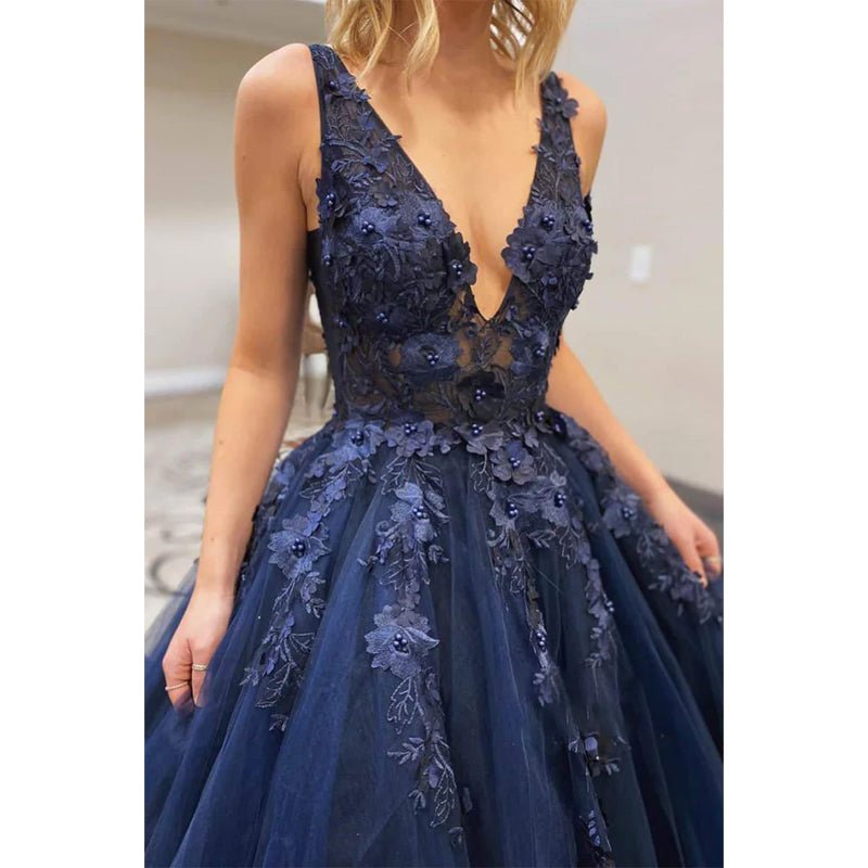 NumberSea - A - line Navy Tulle Appliques with Beadings Long Senior Prom Dress