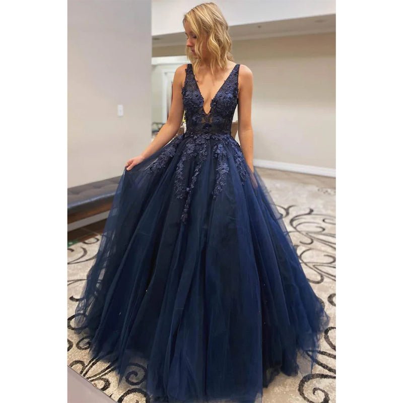 NumberSea - A - line Navy Tulle Appliques with Beadings Long Senior Prom Dress