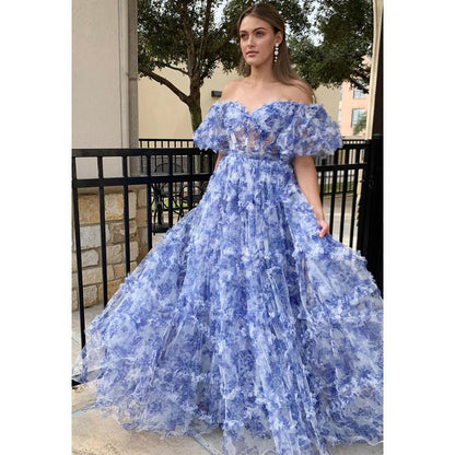 NumberSea - A - line Off - shoulder Ball Gown Tulle Printing Long Prom Dress Evening Gowns