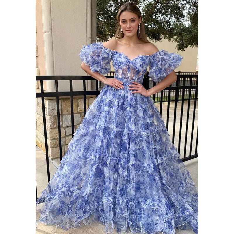 NumberSea - A - line Off - shoulder Ball Gown Tulle Printing Long Prom Dress Evening Gowns