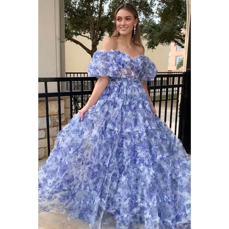 NumberSea - A - line Off - shoulder Ball Gown Tulle Printing Long Prom Dress Evening Gowns