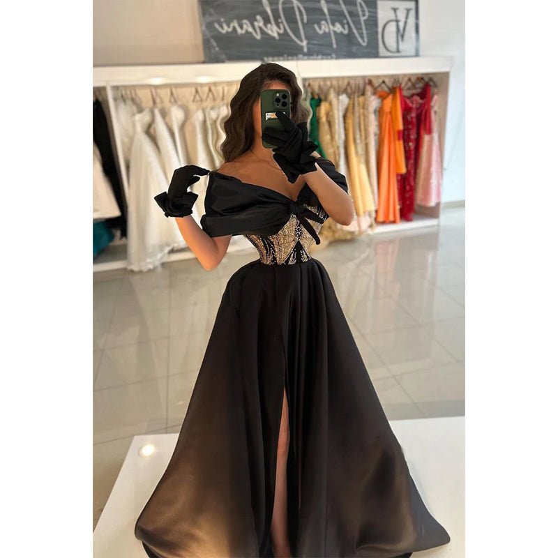 NumberSea - A - line Off - shoulder Beaded Waist Satin Long Prom Dress Evening Gowns