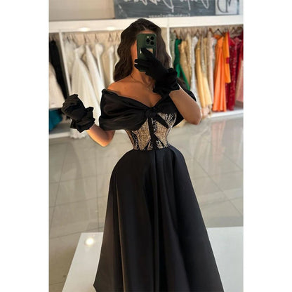 NumberSea - A - line Off - shoulder Beaded Waist Satin Long Prom Dress Evening Gowns