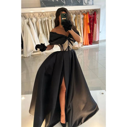 NumberSea - A - line Off - shoulder Beaded Waist Satin Long Prom Dress Evening Gowns