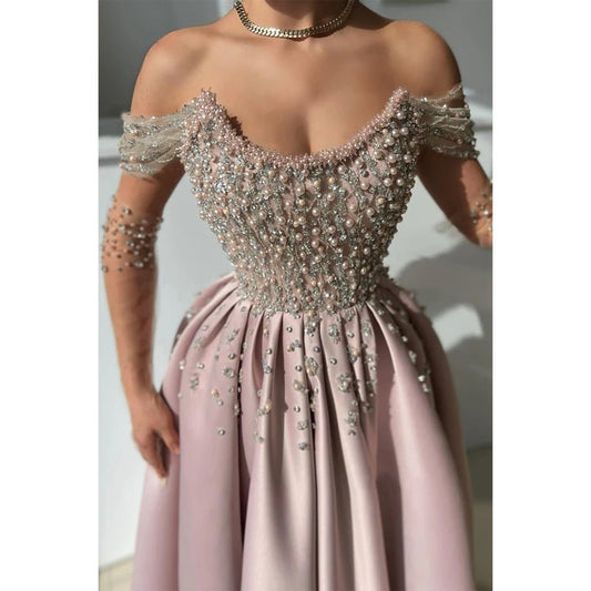 NumberSea - A - line Off - shoulder Beaded with Side Slit Party Prom Evening Dress