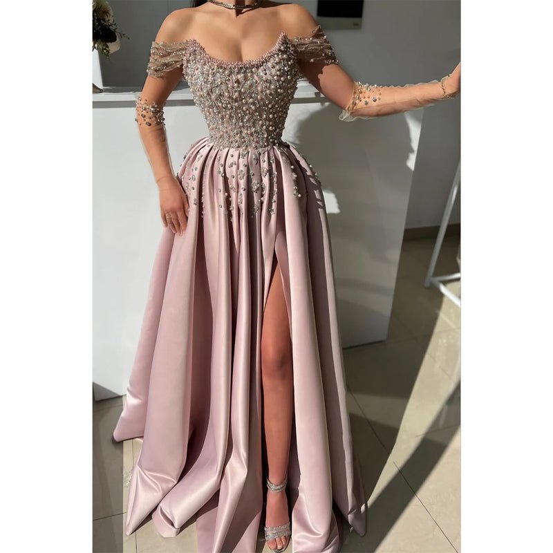 NumberSea - A - line Off - shoulder Beaded with Side Slit Party Prom Evening Dress