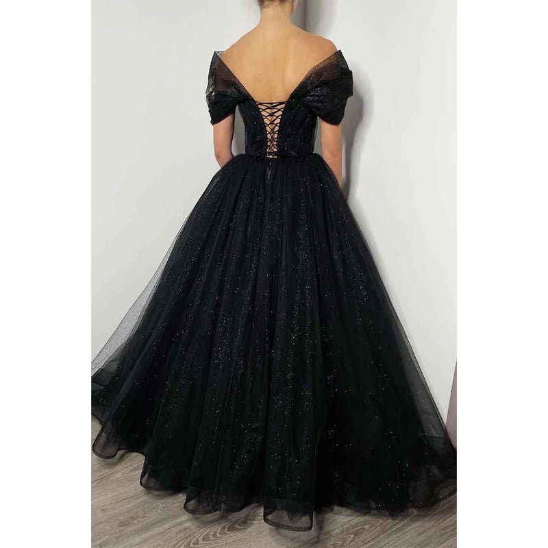 NumberSea - A Line Off Shoulder Beads Black Sparkly Formal Evening Gowns