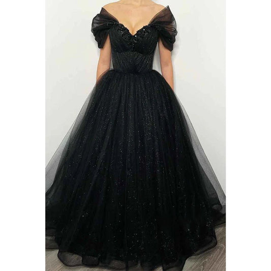 NumberSea - A Line Off Shoulder Beads Black Sparkly Formal Evening Gowns