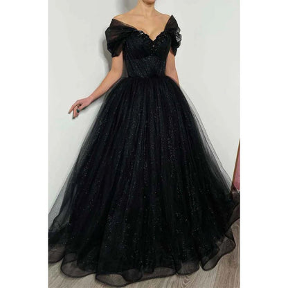 NumberSea - A Line Off Shoulder Beads Black Sparkly Formal Evening Gowns