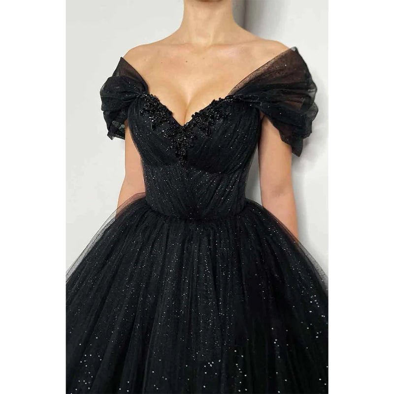 NumberSea - A Line Off Shoulder Beads Black Sparkly Formal Evening Gowns