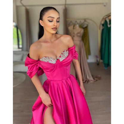 NumberSea - A Line Off Shoulder Beads Satin Long Prom Formal Dress with Slit