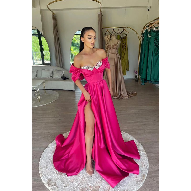 NumberSea - A Line Off Shoulder Beads Satin Long Prom Formal Dress with Slit