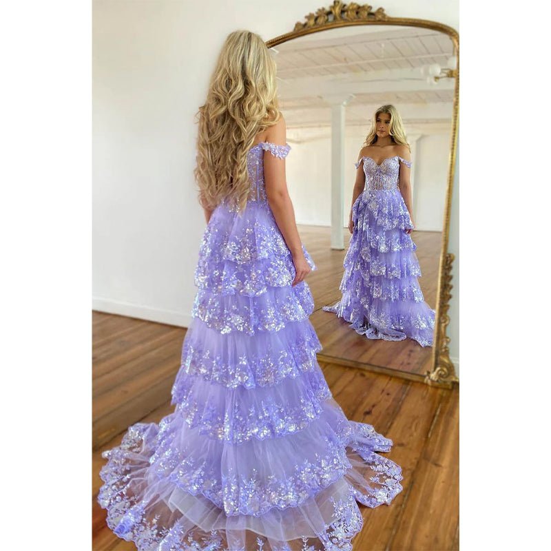 NumberSea - A Line Off Shoulder Lace Tiered Prom Dress with Slit Long Homecoming Dress