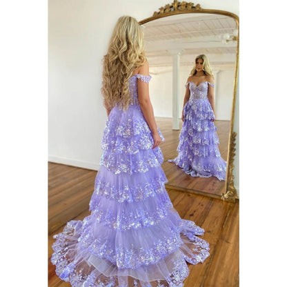 NumberSea - A Line Off Shoulder Lace Tiered Prom Dress with Slit Long Homecoming Dress