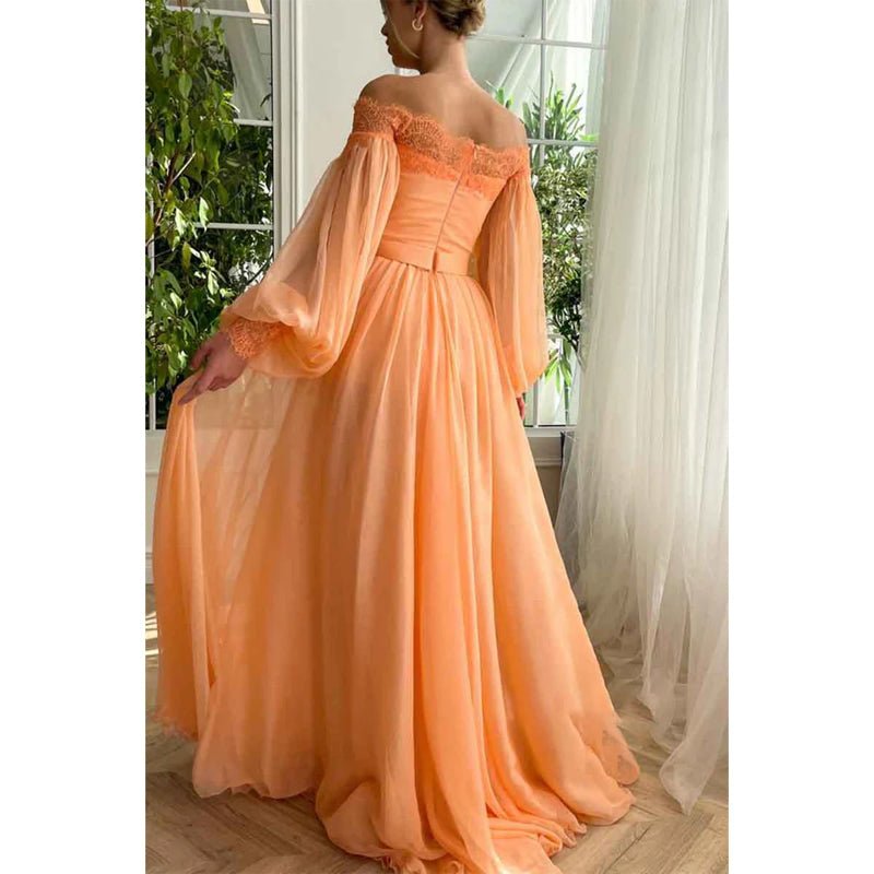 NumberSea - A Line Off Shoulder Long Sleeves Elegant Prom Party Dress with Slit