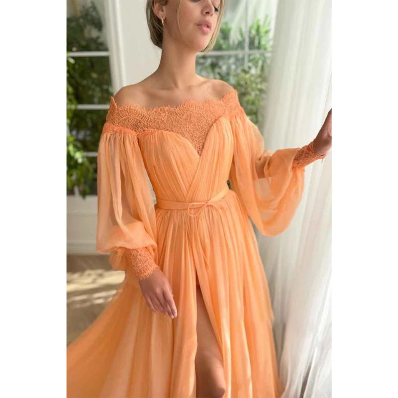 NumberSea - A Line Off Shoulder Long Sleeves Elegant Prom Party Dress with Slit