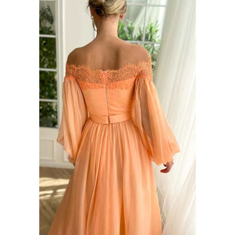 NumberSea - A Line Off Shoulder Long Sleeves Elegant Prom Party Dress with Slit