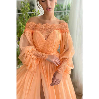 NumberSea - A Line Off Shoulder Long Sleeves Elegant Prom Party Dress with Slit