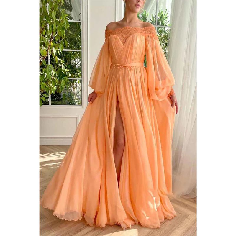 NumberSea - A Line Off Shoulder Long Sleeves Elegant Prom Party Dress with Slit