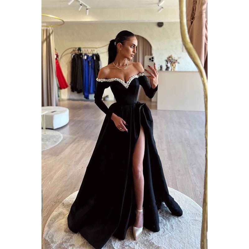 NumberSea - A Line Off Shoulder Pearls Long Sleeves Elegant Formal Party Dress with Slit