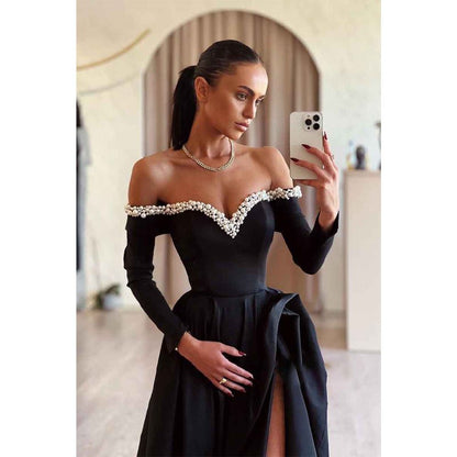 NumberSea - A Line Off Shoulder Pearls Long Sleeves Elegant Formal Party Dress with Slit