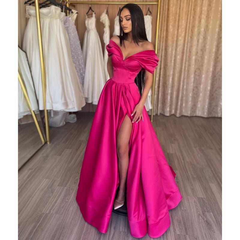 NumberSea - A - line Off - shoulder Pink Satin Pleats Long Prom Evening Dress with Slit