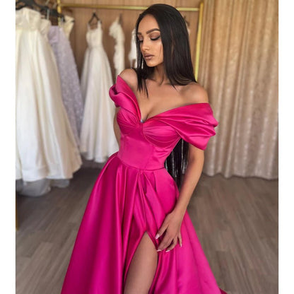 NumberSea - A - line Off - shoulder Pink Satin Pleats Long Prom Evening Dress with Slit