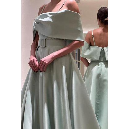 NumberSea - A - Line Off - Shoulder Satin Belt Split Prom Evening Formal Dress