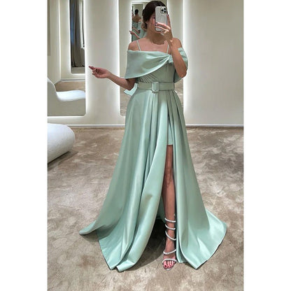 NumberSea - A - Line Off - Shoulder Satin Belt Split Prom Evening Formal Dress