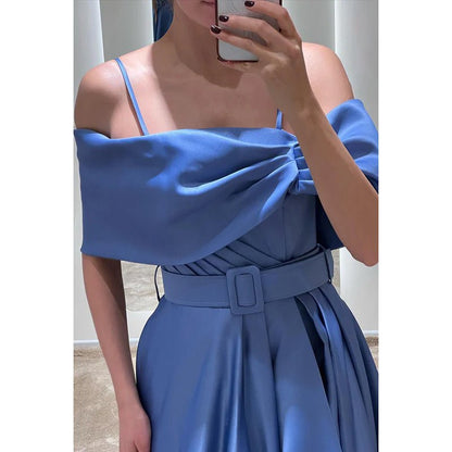 NumberSea - A - Line Off - Shoulder Satin Belt Split Prom Evening Formal Dress