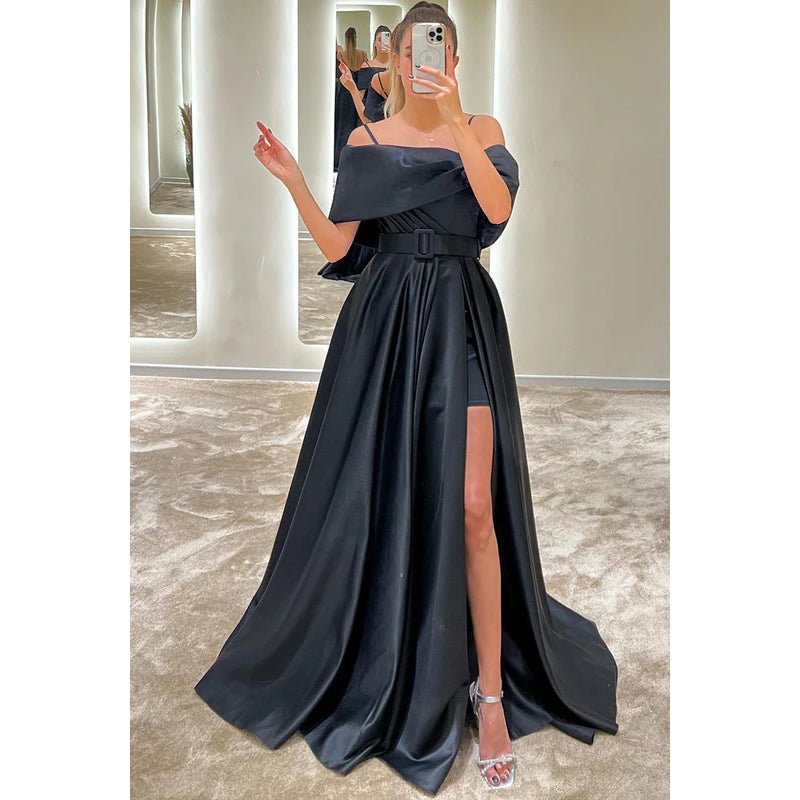 NumberSea - A - Line Off - Shoulder Satin Belt Split Prom Evening Formal Dress