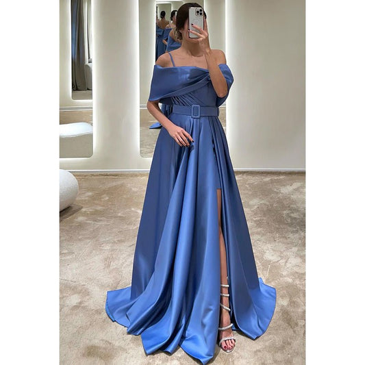 NumberSea - A - Line Off - Shoulder Satin Belt Split Prom Evening Formal Dress