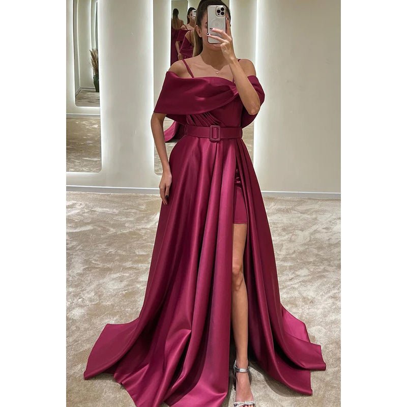 NumberSea - A - Line Off - Shoulder Satin Belt Split Prom Evening Formal Dress