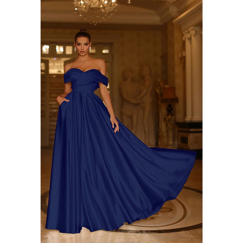 NumberSea - A Line Off Shoulder Satin Pleats Long Prom Formal Dress with Pockets