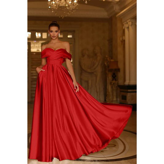 NumberSea - A Line Off Shoulder Satin Pleats Long Prom Formal Dress with Pockets