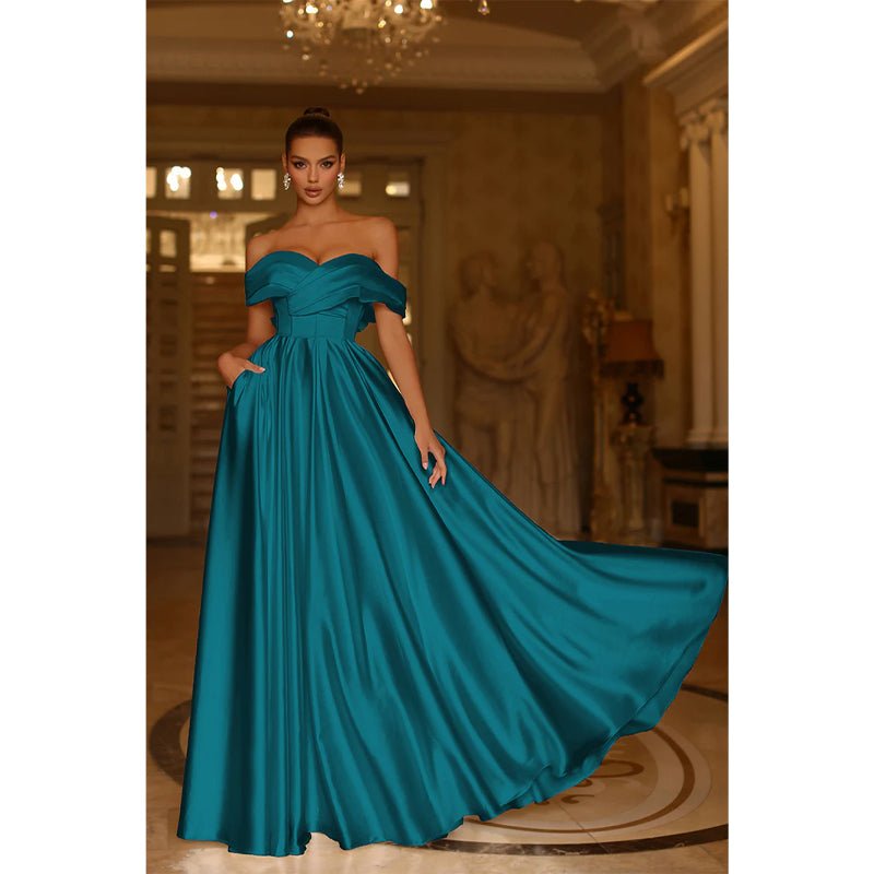 NumberSea - A Line Off Shoulder Satin Pleats Long Prom Formal Dress with Pockets